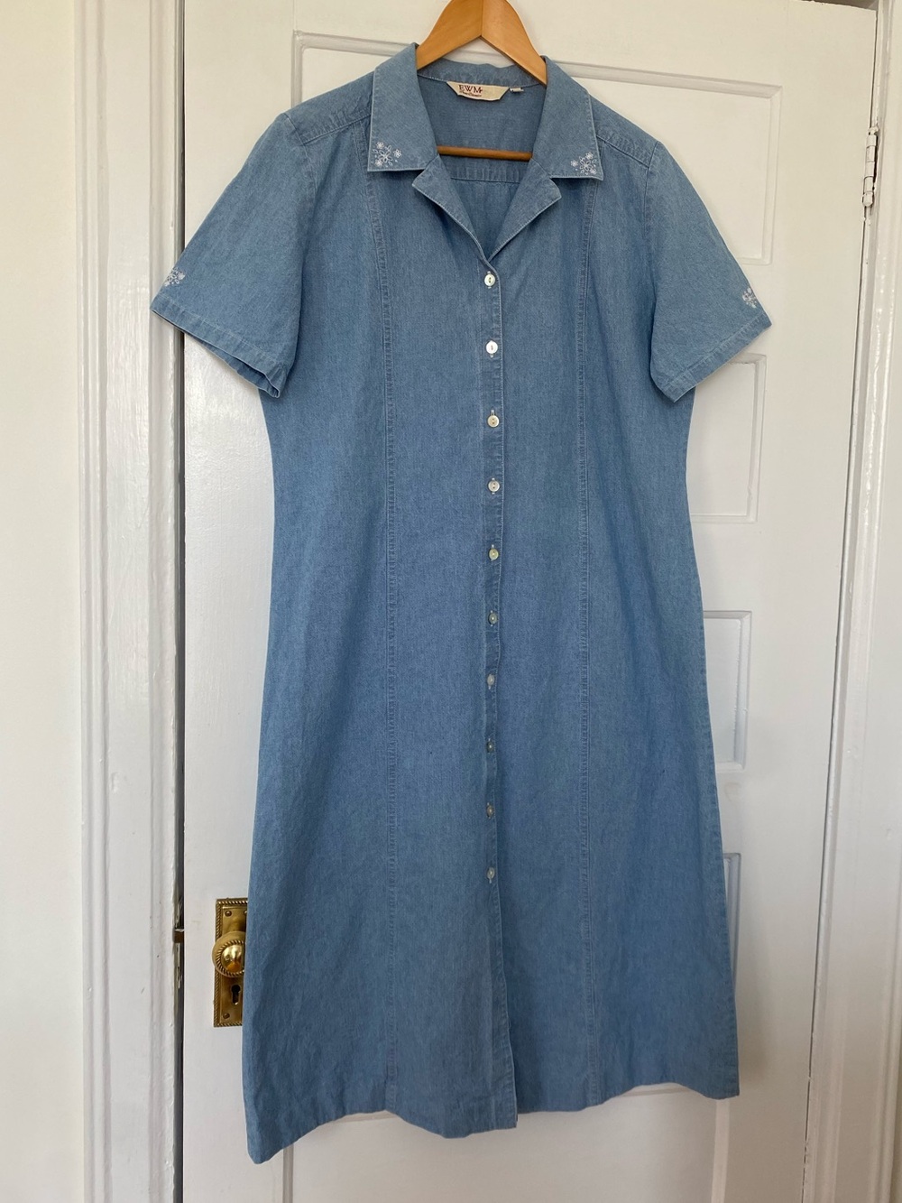 Vintage Cottagecore button up denim dress with floral embroidery